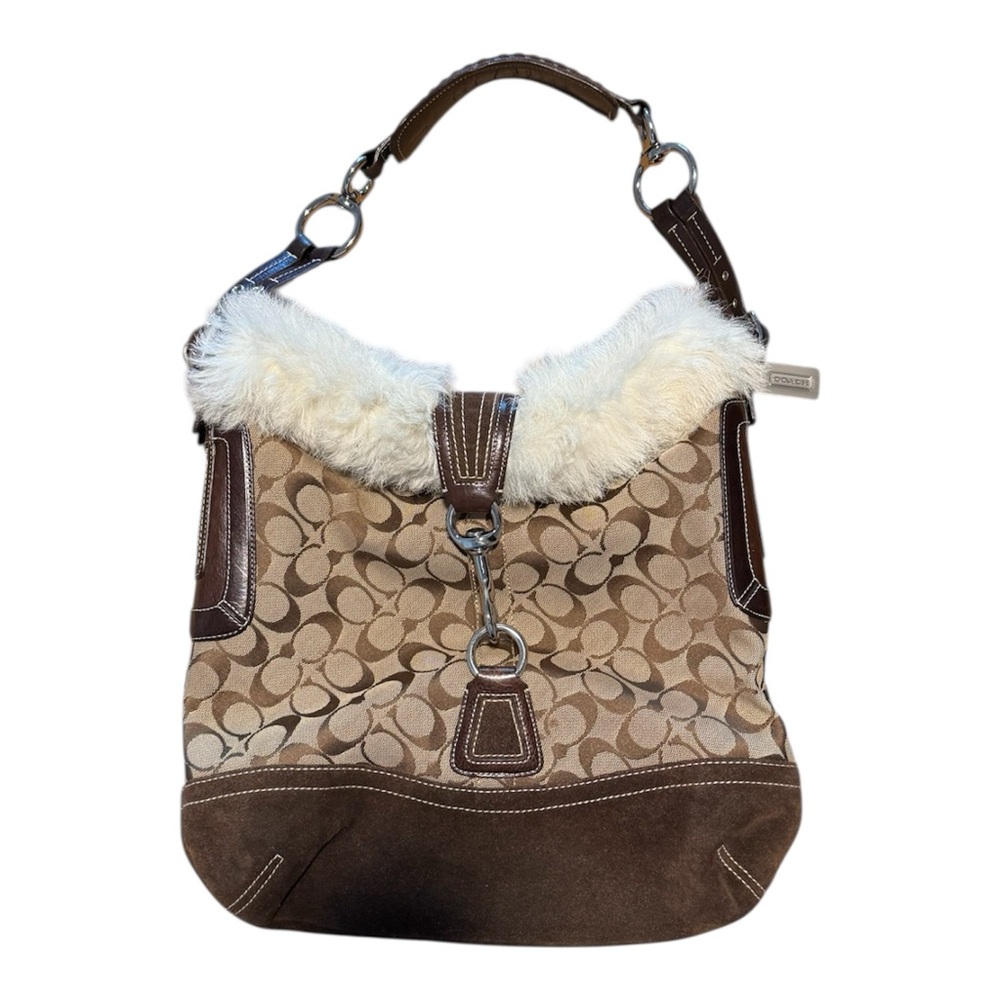 Vintage Coach Brown Signature Canvas Shoulder Hobo Bag suede, fur trim, leather